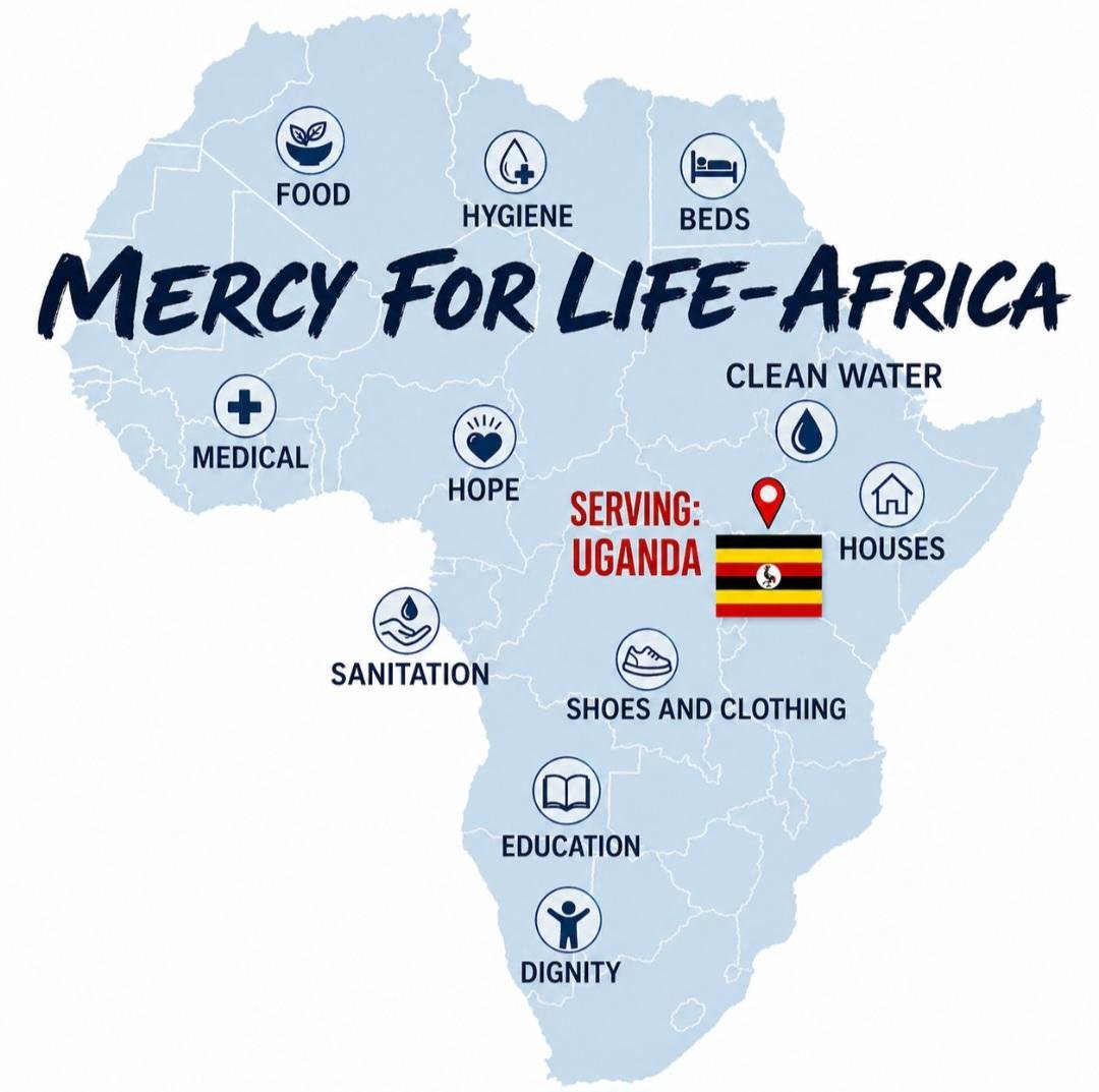 Mercy For Life-Africa organisation badge — ministries across Uganda including food, hygiene, beds, medical, hope, clean water, houses, sanitation, shoes and clothing, education and dignity