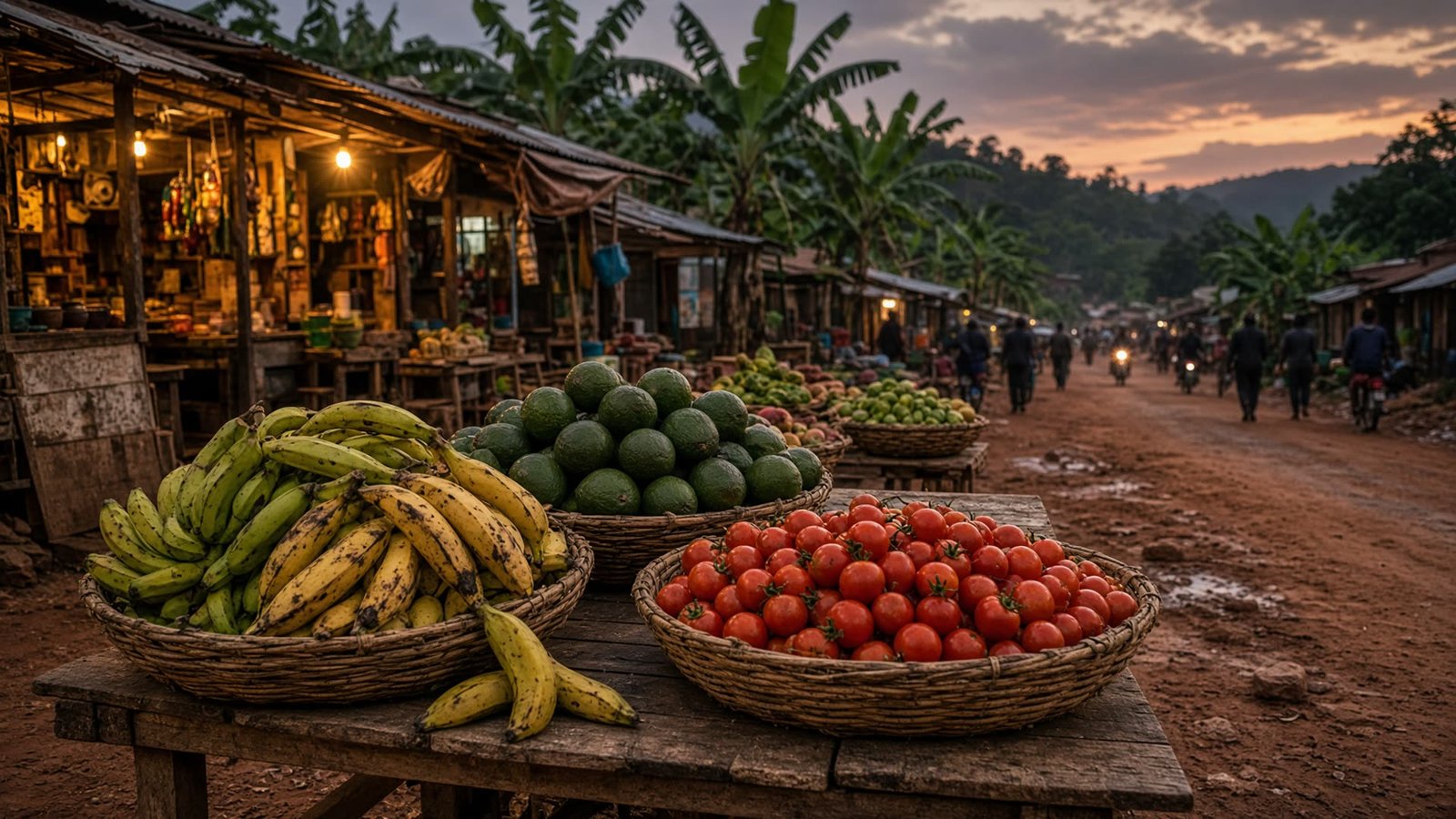 Bananas, avocados and tomatoes on a Kampala roadside stall at dusk