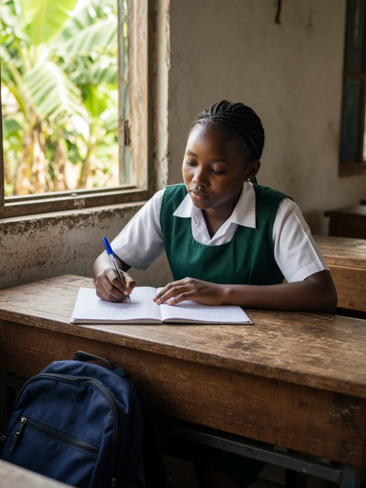 A young woman in school uniform studying at a wooden desk in Kampala